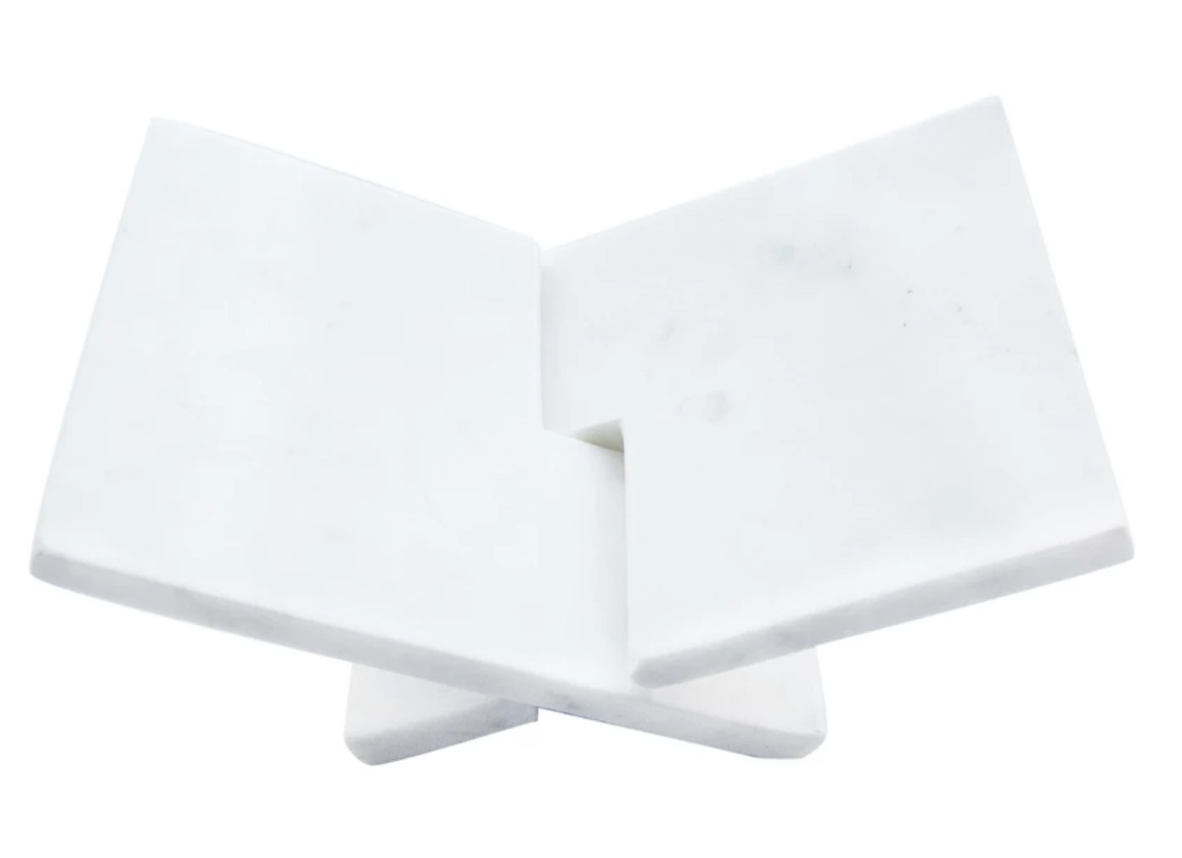 Interlocking white marble book holder featuring natural stone veining and a sculptural design.