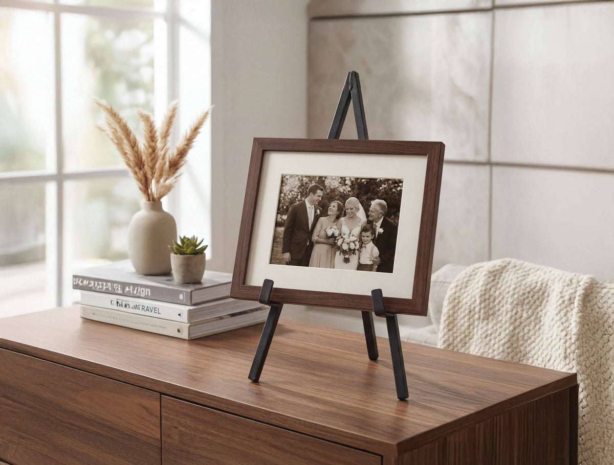 Iron display easel for holding decorative plates, artwork, photographs, or signs.