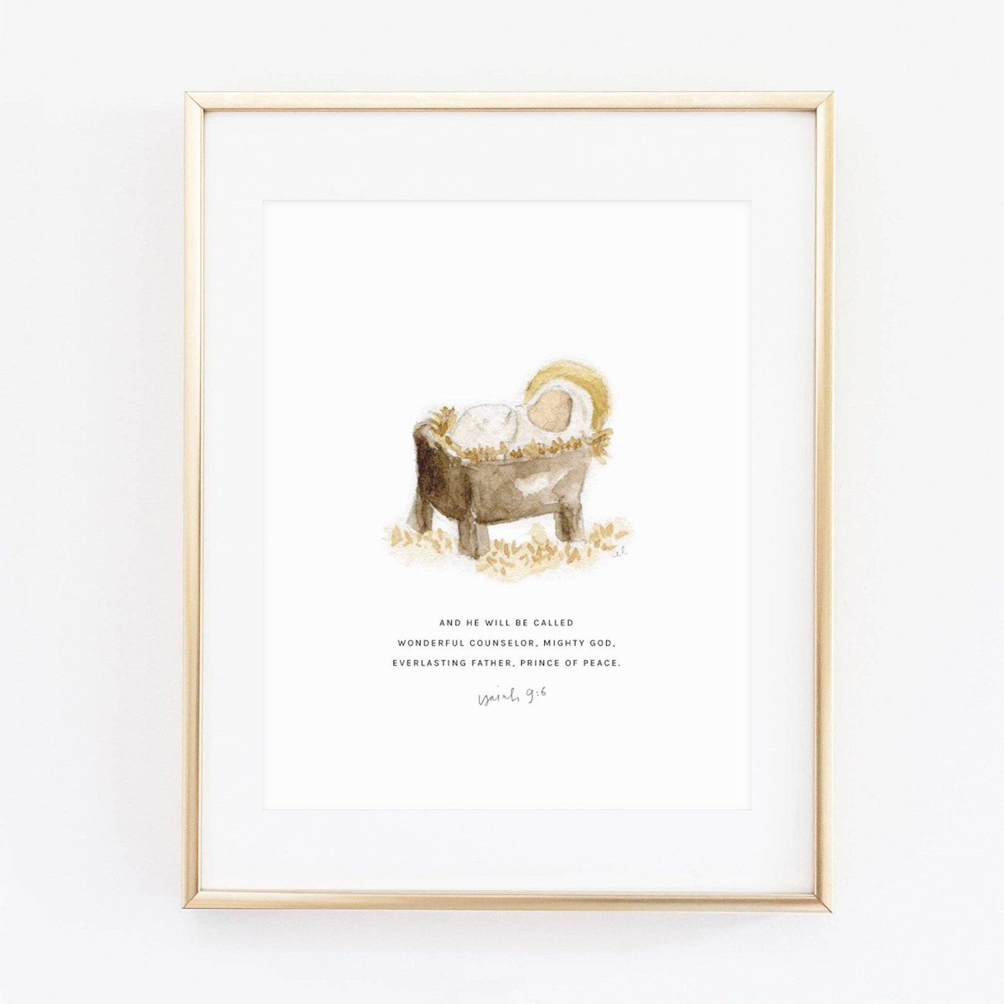 Isaiah 9:6 Manger Scripture Art Print by Emily Lex featuring an original watercolor illustration of baby Jesus in a manger paired with the Bible verse, "And He will be called Wonderful Counselor, Mighty God, Everlasting Father, Prince of Peace."