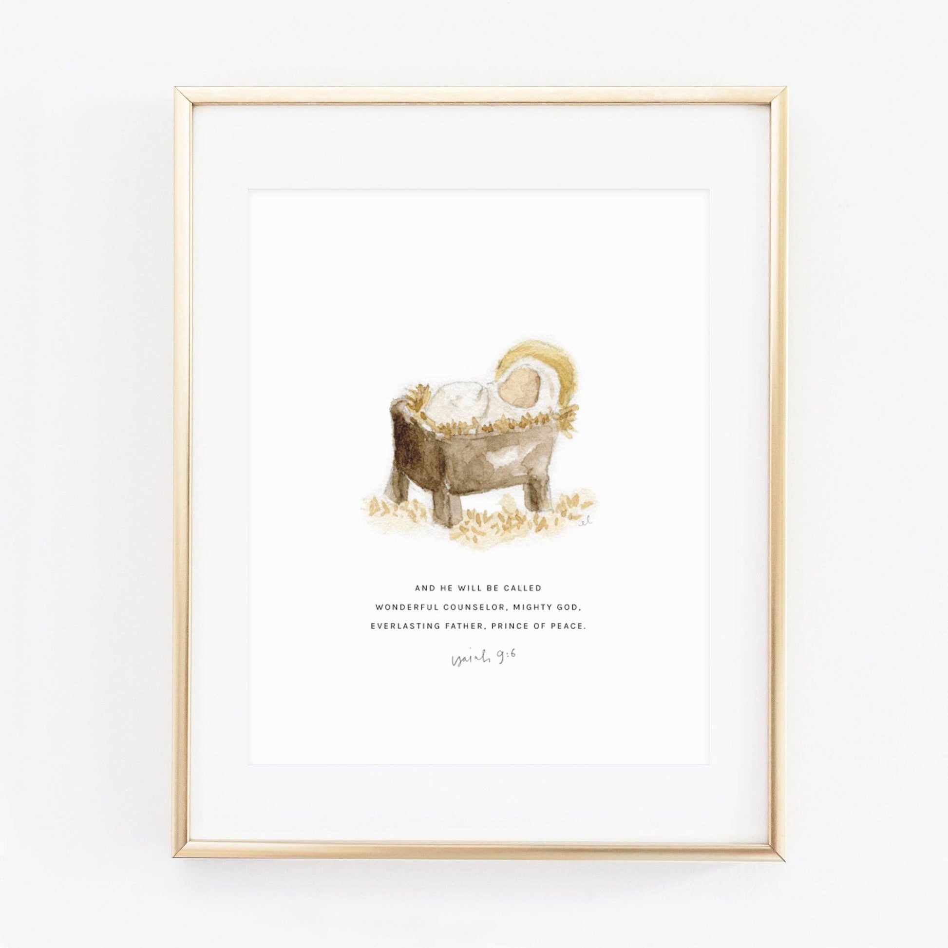 Isaiah 9:6 Manger Scripture Art Print by Emily Lex featuring an original watercolor illustration of baby Jesus in a manger paired with the Bible verse, "And He will be called Wonderful Counselor, Mighty God, Everlasting Father, Prince of Peace."