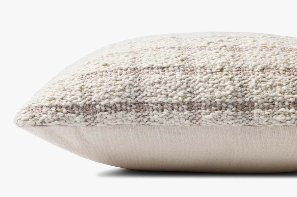 Close-up of the Erin pillow highlighting the woven cotton and polyester texture, knife-edge finish, and hidden zipper with antique bronze Magnolia Home logo pull.