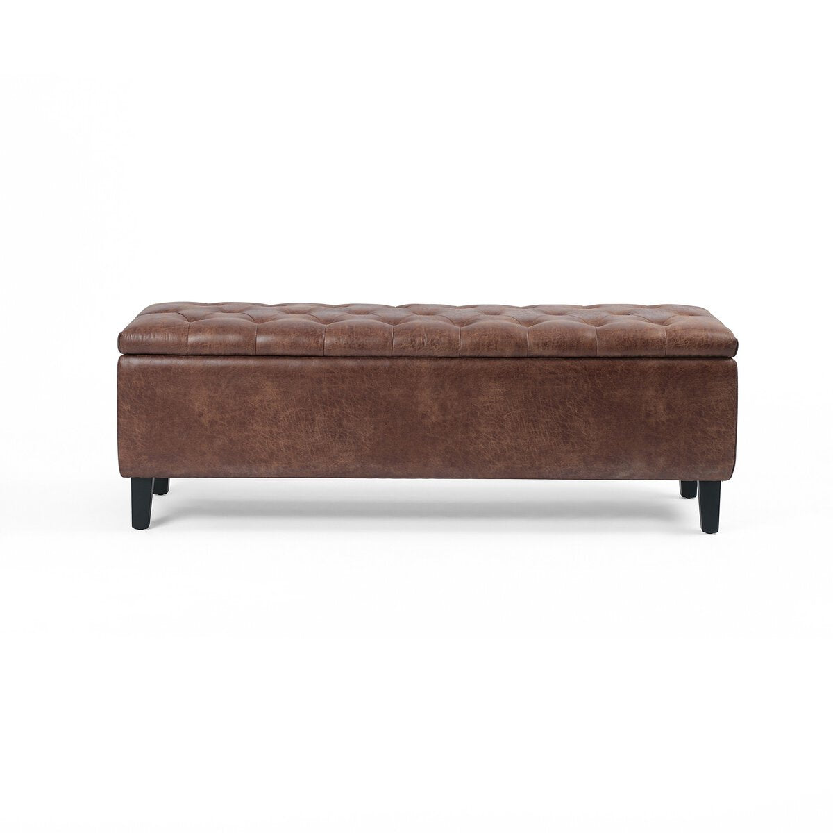 Front view of the 55.5-inch Jefferson Storage Bench with vintage tobacco upholstery and black tapered legs.