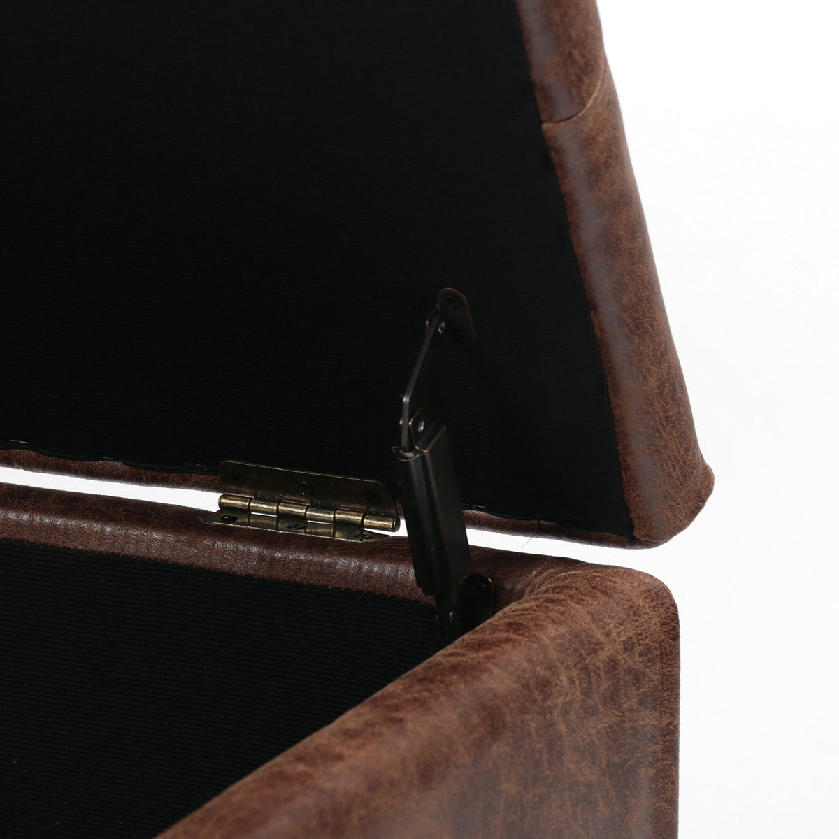 Close-up of the support hardware and hinged lid inside the Jefferson Storage Bench.