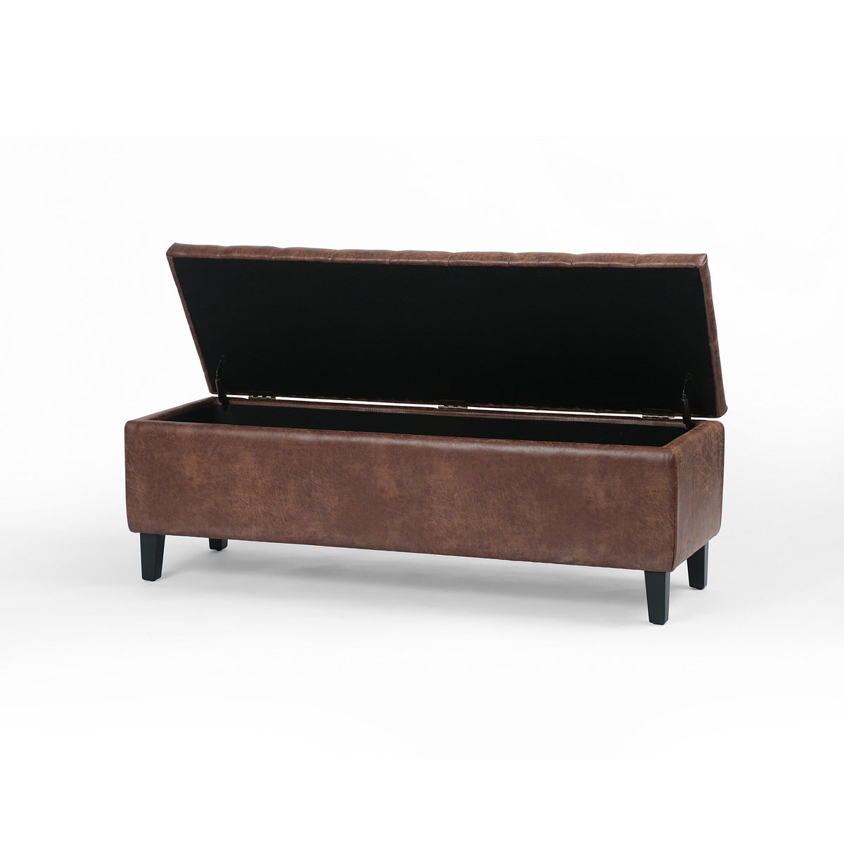 Jefferson Tufted Storage Bench with the upholstered lid raised to reveal concealed interior storage.