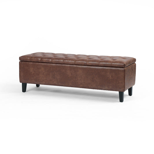 Jefferson Tufted Storage Bench in vintage tobacco brown faux leather with a tufted top and black wood legs.