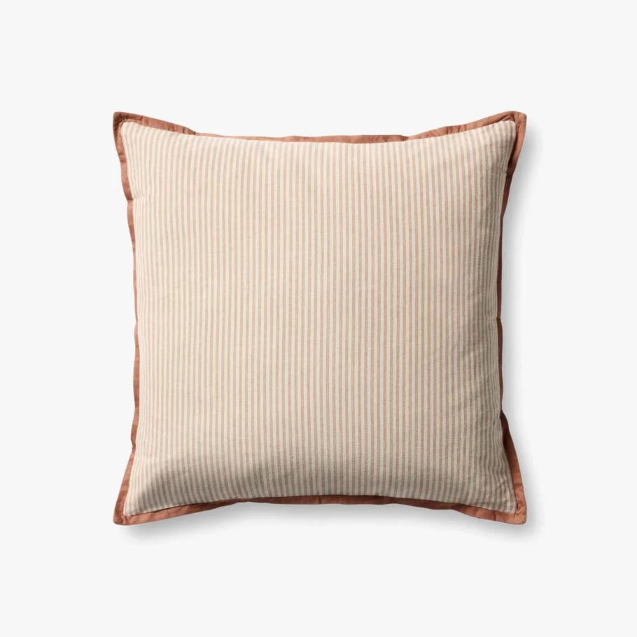 Jeremiah Brent × Loloi Sullivan decorative throw pillow in Natural and Terracotta featuring a woven 100% cotton cover, flange edge, and premium down-filled insert.