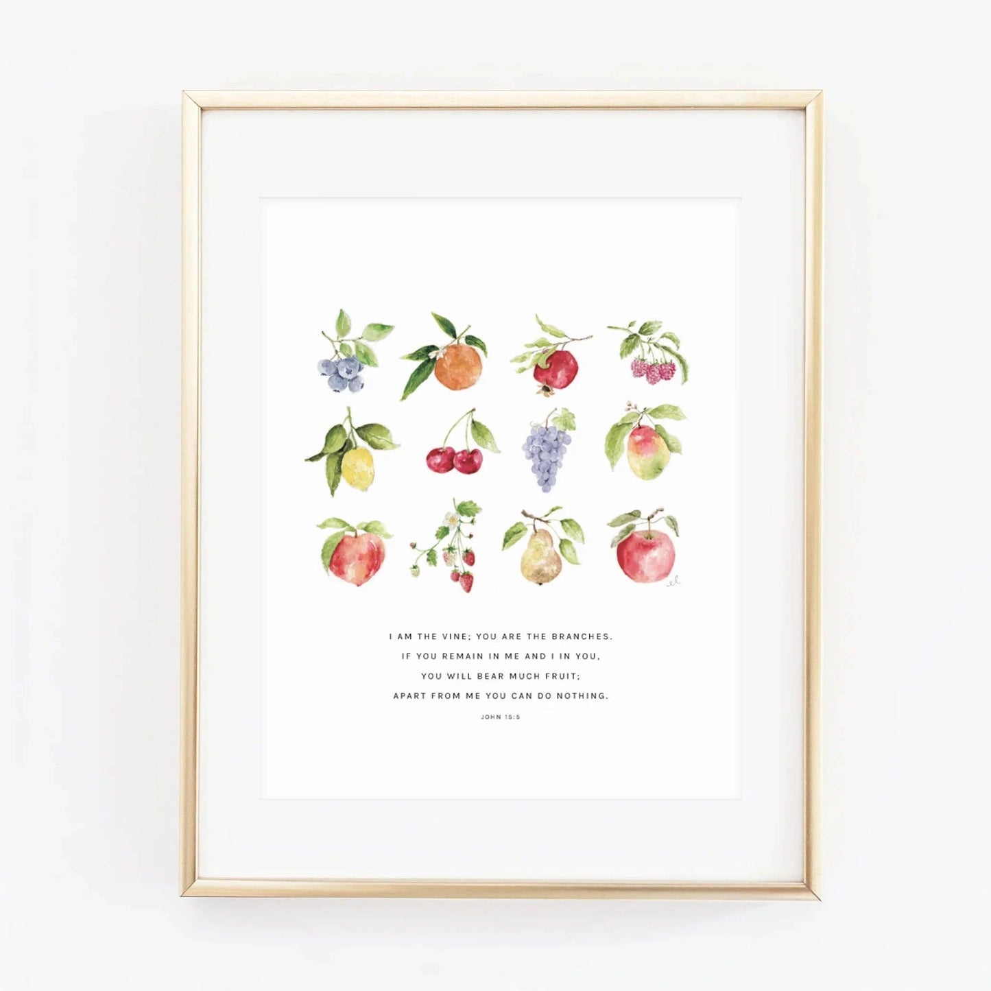 John 15:5 Fruit Scripture Art Print featuring original watercolor artwork by Emily Lex.