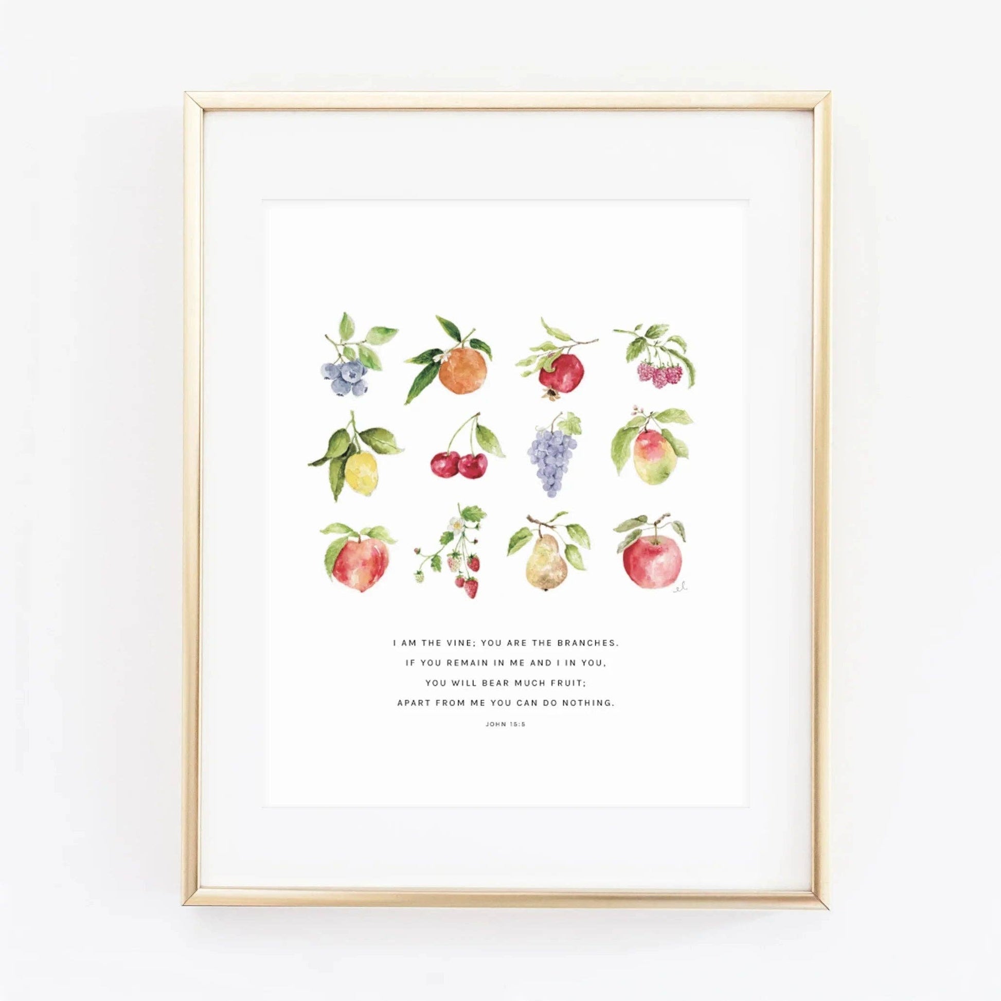 John 15:5 Fruit Scripture Art Print featuring original watercolor artwork by Emily Lex.