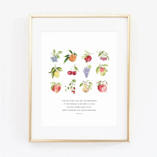 John 15:5 Fruit Scripture Art Print featuring original watercolor artwork by Emily Lex.