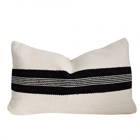 Kai striped kilim lumbar pillow in black and neutral with a handwoven cotton cover and premium faux down insert.
