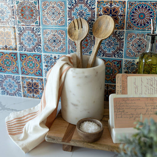Kendal White Marble Utensil Crock crafted from genuine white marble with natural gray veining.