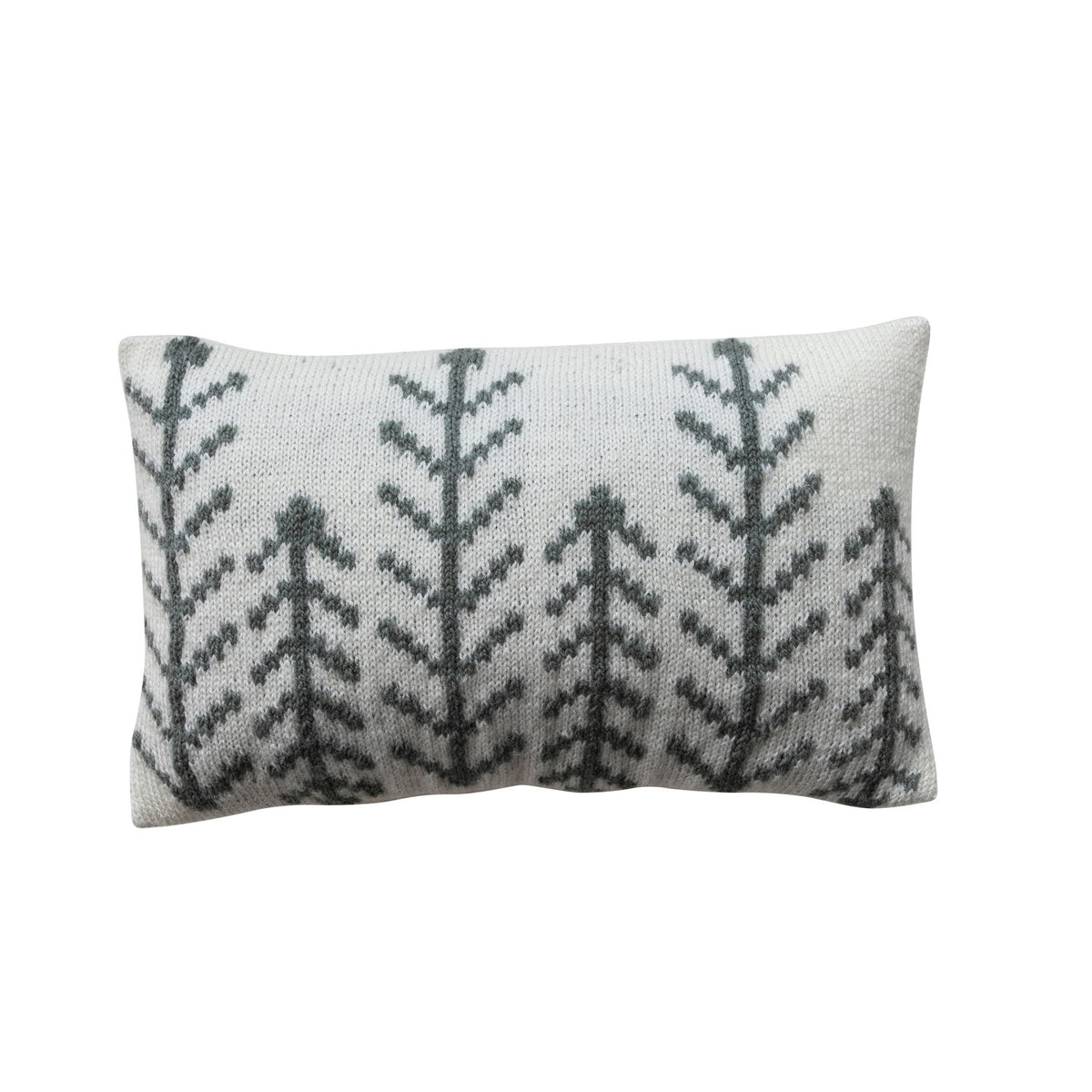 Cream knit lumbar pillow with woven evergreen tree pattern in charcoal grey and a textured cotton slub back.