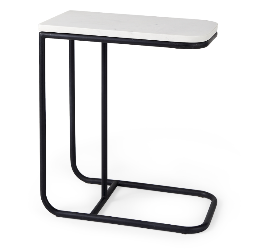 Kyra C-shaped end table featuring a genuine white marble top and black iron frame.