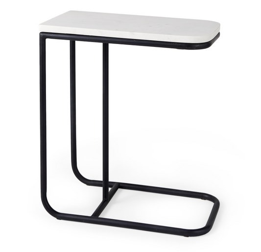 Kyra C-shaped end table featuring a genuine white marble top and black iron frame.