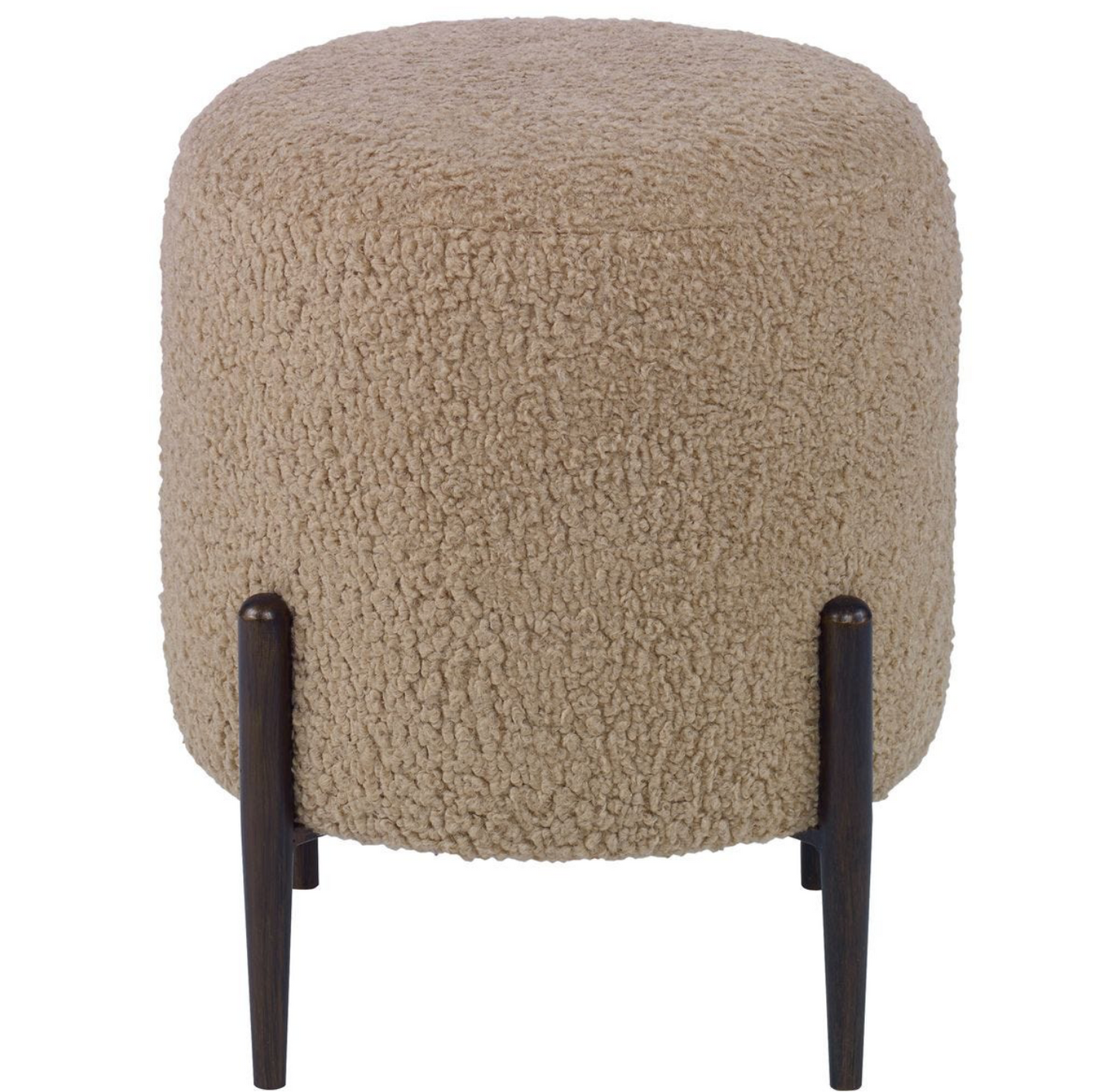 Arles Faux Shearling Ottoman in latte with plush textured upholstery and a dark bronze metal frame.