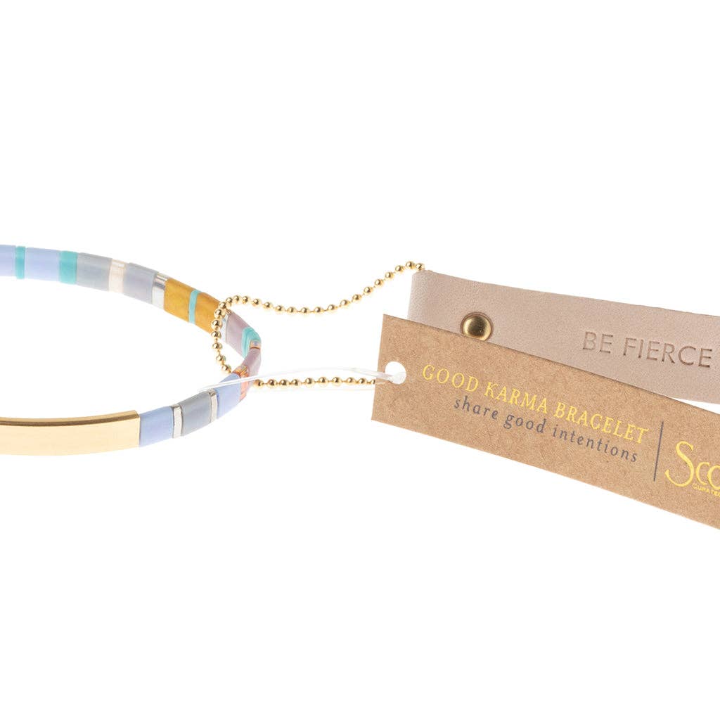 Good Karma Miyuki Bracelet featuring lavender Japanese Miyuki glass beads and a 14K gold-dipped bar engraved with "Be Fierce."