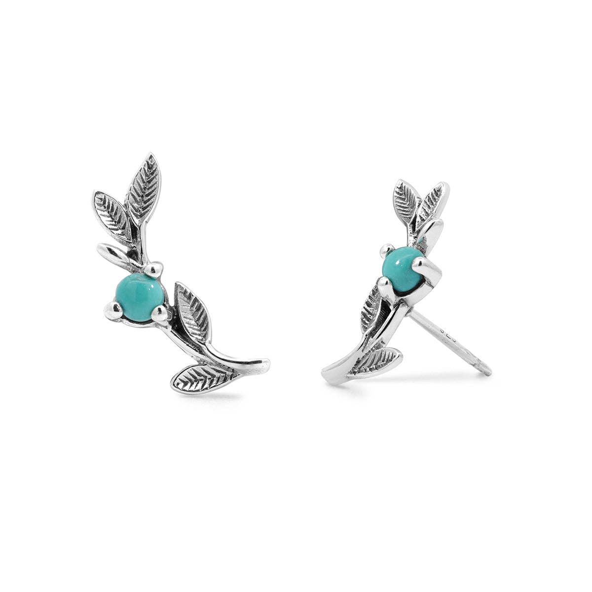 Leaf stud earrings with a natural stone crafted from 100% recycled sterling silver.