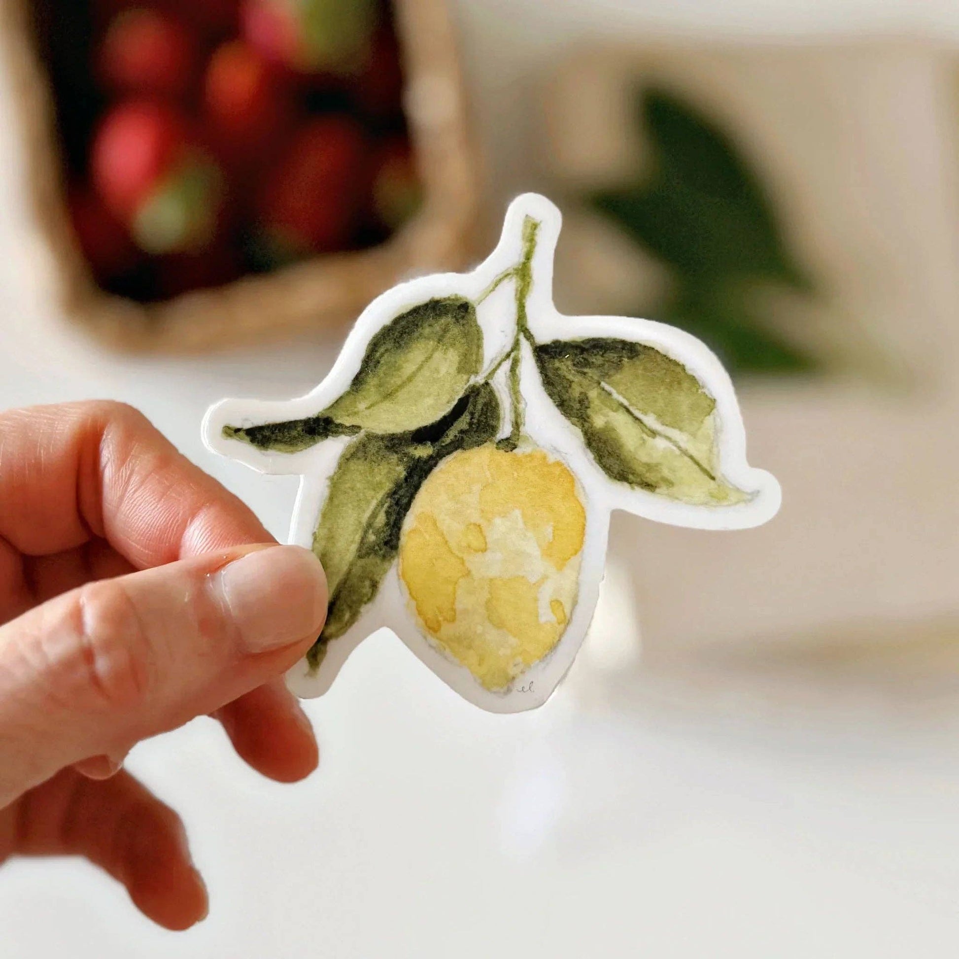 Lemon vinyl sticker featuring original watercolor artwork by Emily Lex.