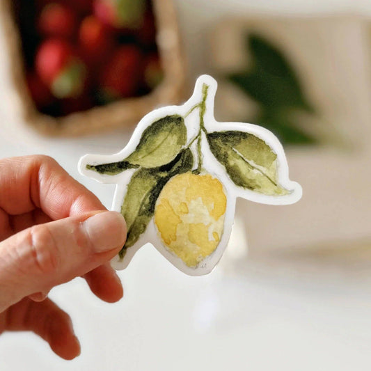 Lemon vinyl sticker featuring original watercolor artwork by Emily Lex.