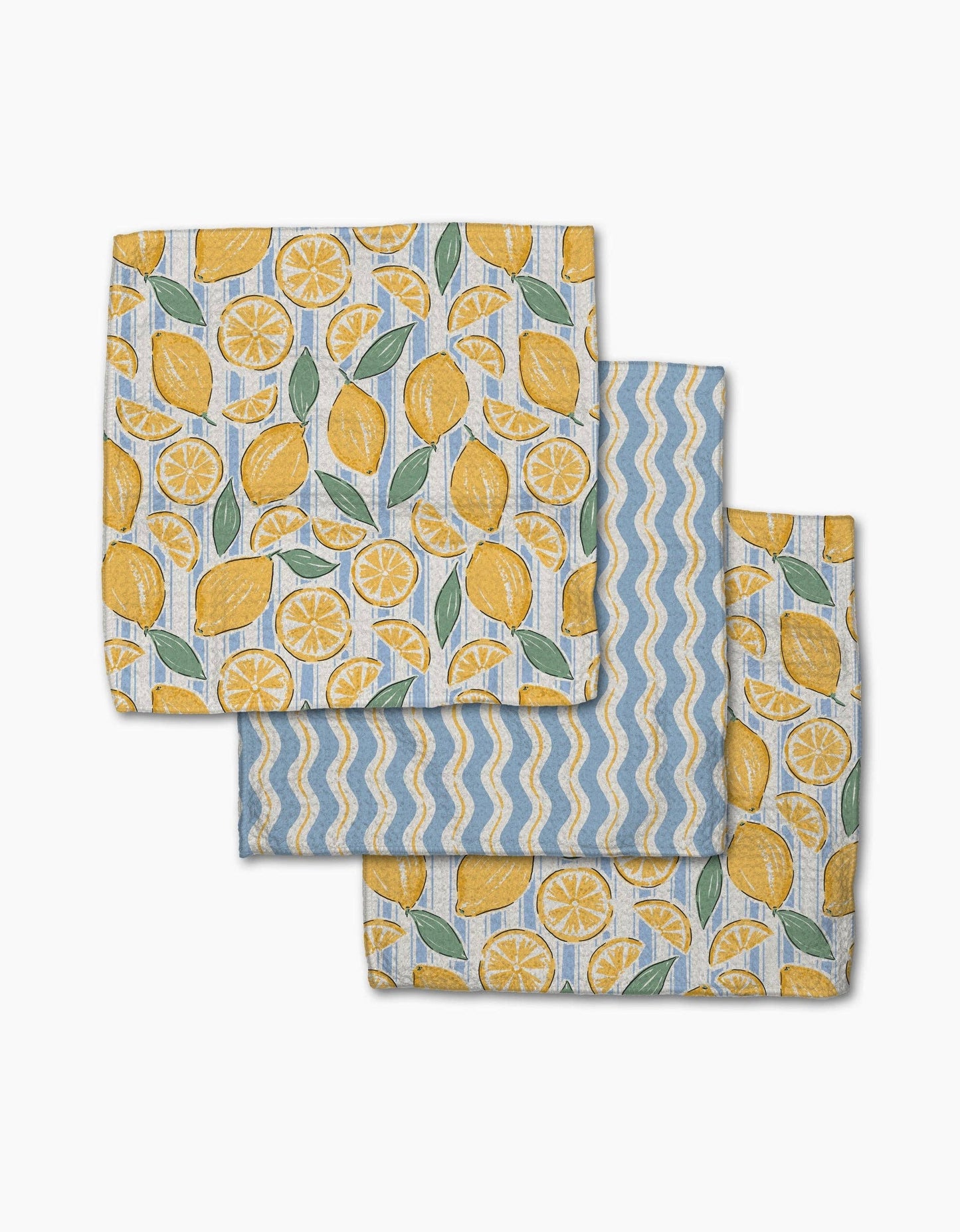 Lemon Waves Geometry dishcloth set featuring three coordinating reusable kitchen cloths in fresh lemon-inspired prints.