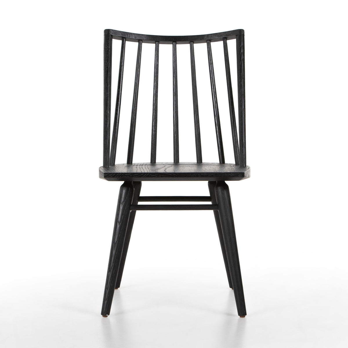 Front view of the Lewis Black Oak Windsor Dining Chair with a curved back rail and slender wood spindles.
