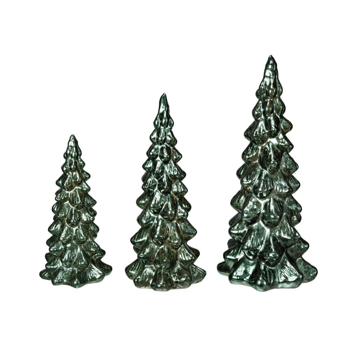 Set of three green mercury glass LED Christmas trees in graduated sizes with a softly illuminated vintage-inspired finish.