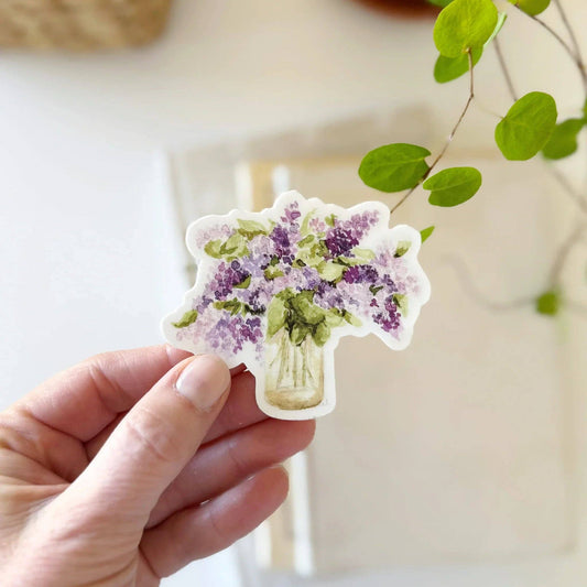 Lilac bouquet vinyl sticker featuring original watercolor artwork by Emily Lex.