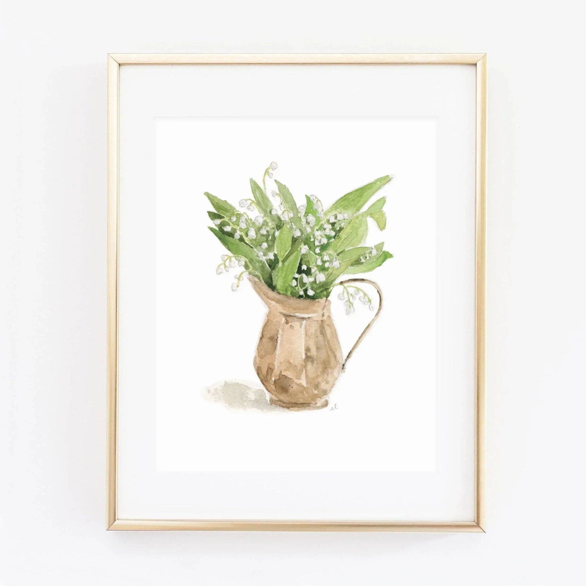 Lily of the Valley Bouquet Watercolor Art Print by Emily Lex featuring an original watercolor painting of delicate spring flowers.
