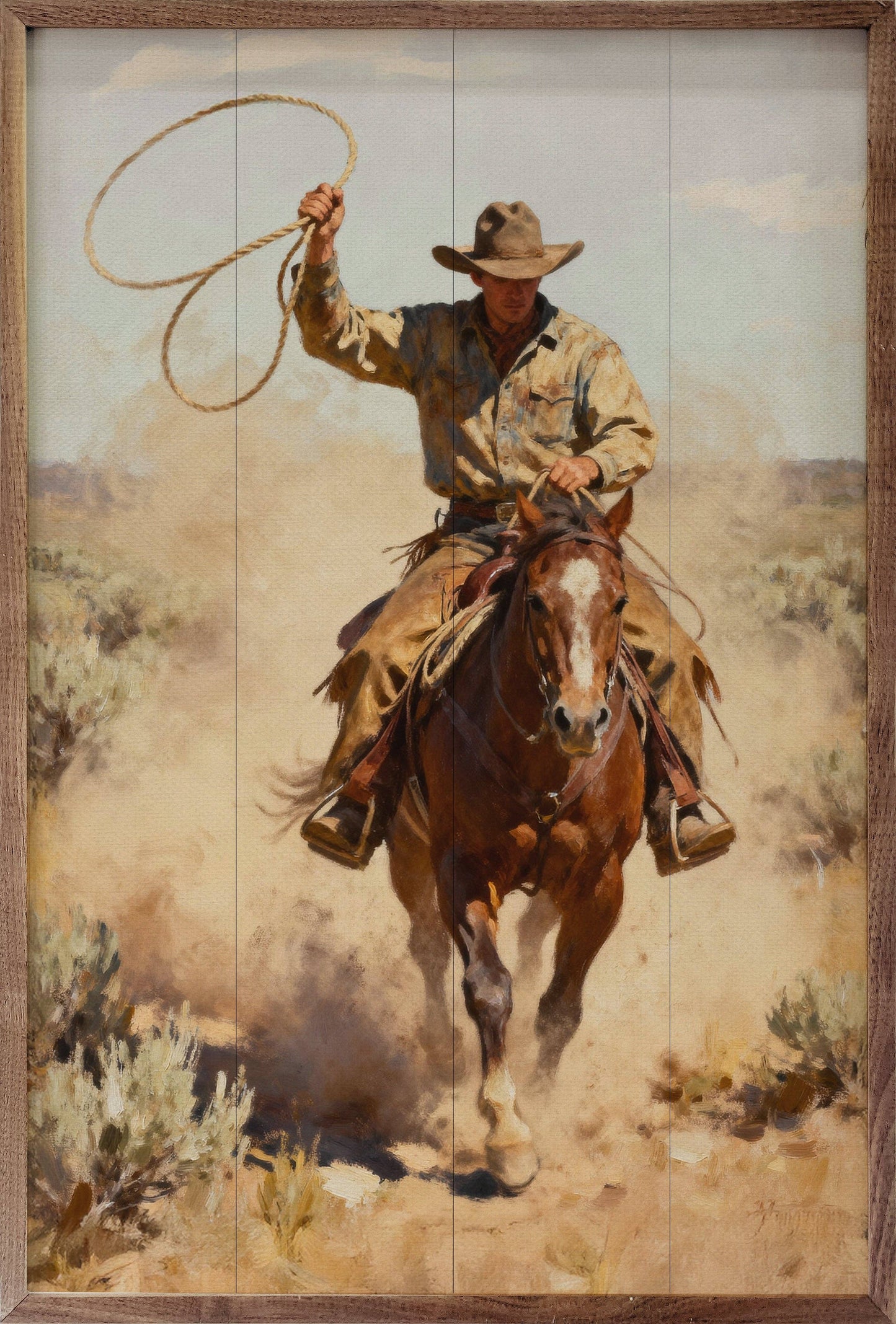 Lone Rider Framed Wood Wall Art featuring a solitary cowboy on a solid wood panel framed in rich natural walnut.
