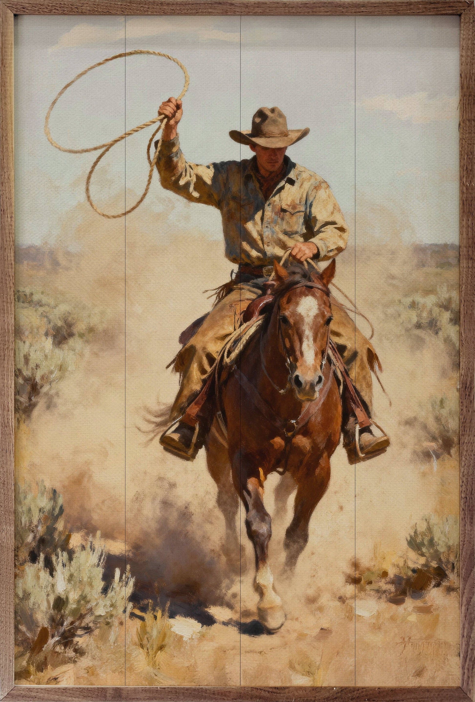 Lone Rider Framed Wood Wall Art featuring a solitary cowboy on a solid wood panel framed in rich natural walnut.