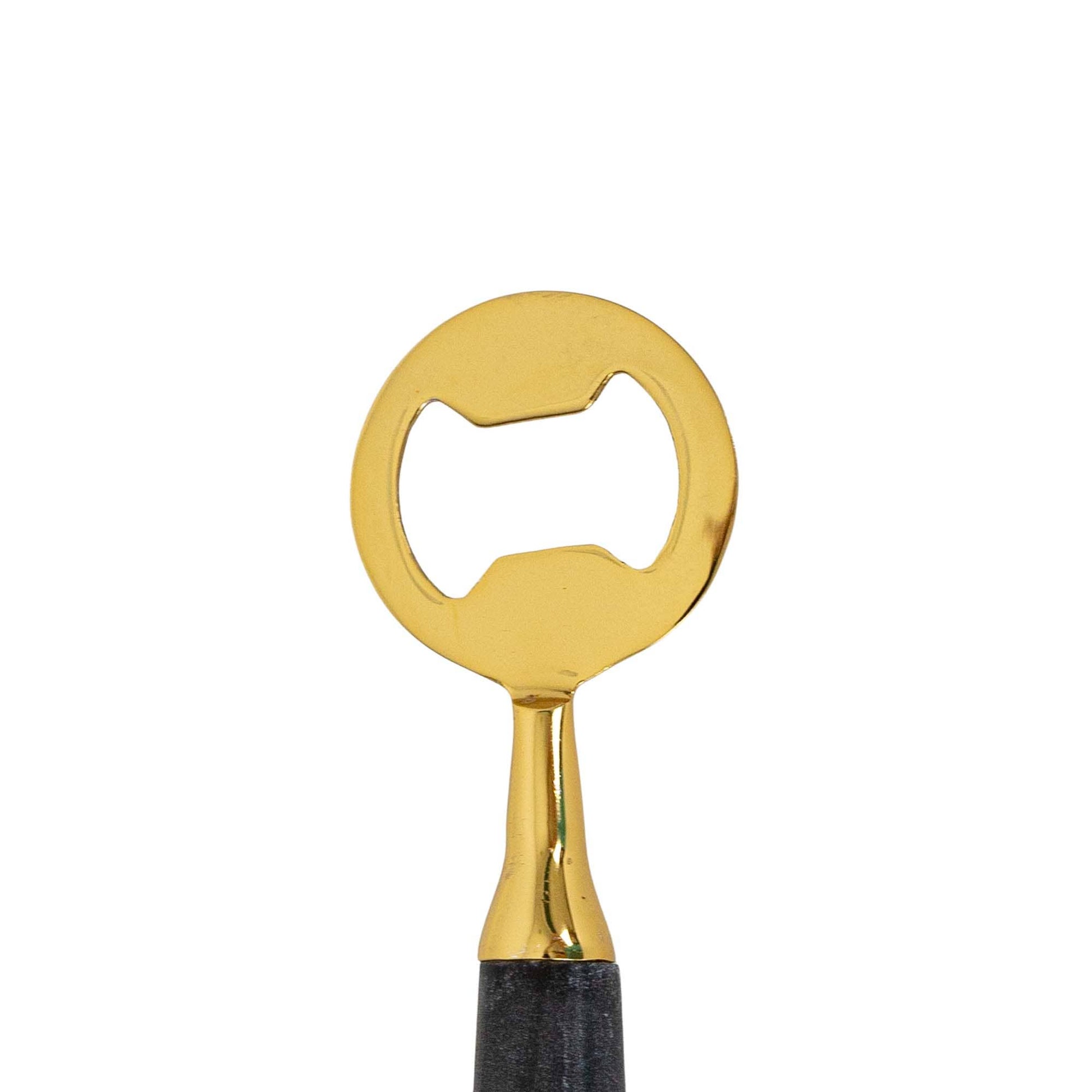 Louisa bottle opener featuring a genuine black marble handle and brass-finished metal.