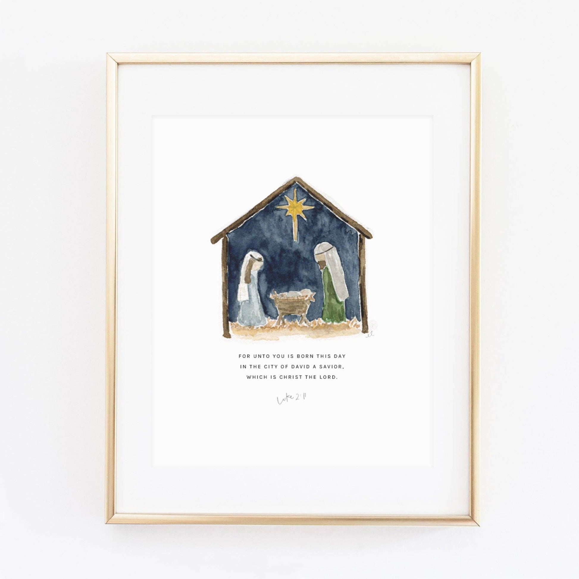 Luke 2:11 Nativity Scripture Art Print by Emily Lex featuring an original watercolor nativity illustration paired with the Bible verse proclaiming the birth of Christ.