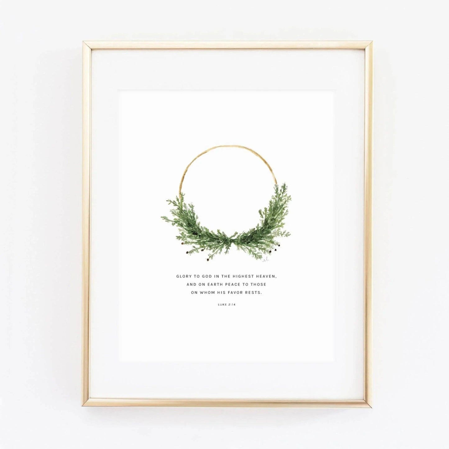Luke 2:14 Wreath Scripture Art Print by Emily Lex featuring an original watercolor wreath with the Bible verse, "Glory to God in the highest heaven, and on earth peace to those on whom His favor rests."