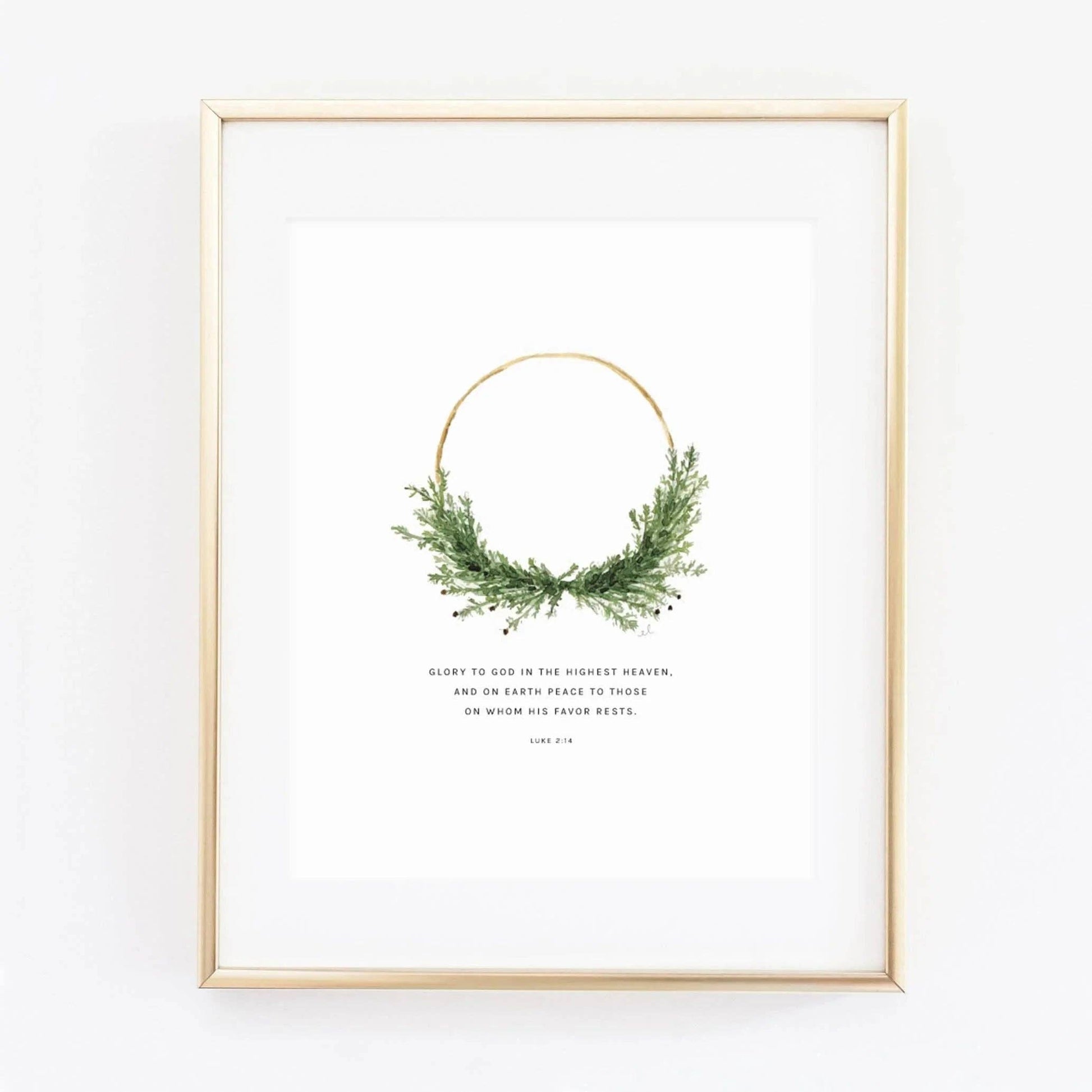 Luke 2:14 Wreath Scripture Art Print by Emily Lex featuring an original watercolor wreath with the Bible verse, "Glory to God in the highest heaven, and on earth peace to those on whom His favor rests."