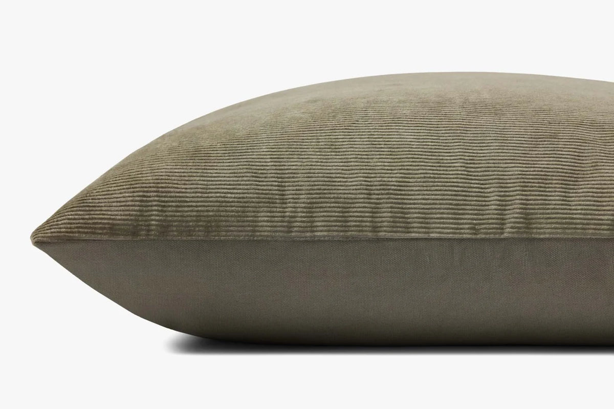 Close-up of the Beatrice Olive pillow highlighting the woven cotton blend, hidden zipper with antique bronze Magnolia Home logo pull, and tailored knife-edge finish.