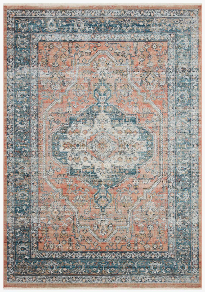 Magnolia Home Elise Rug in Coral and Blue featuring a vintage-inspired distressed pattern.