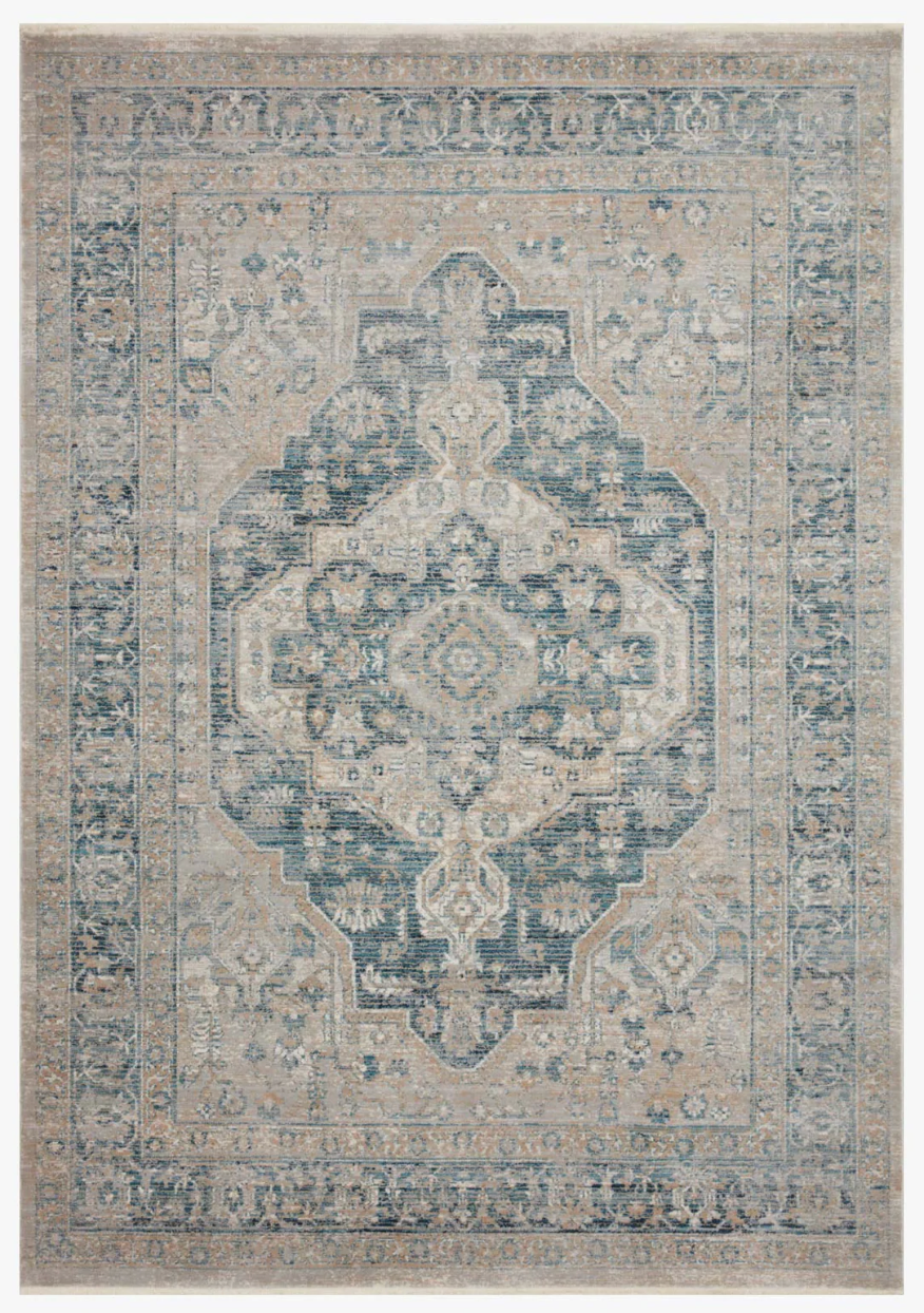 Magnolia Home Elise Rug in Neutral and Blue featuring a vintage-inspired distressed pattern.