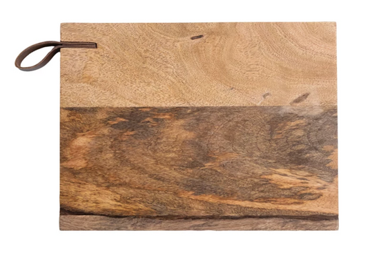 Natural mango wood cheese board with genuine leather handle for serving and display.
