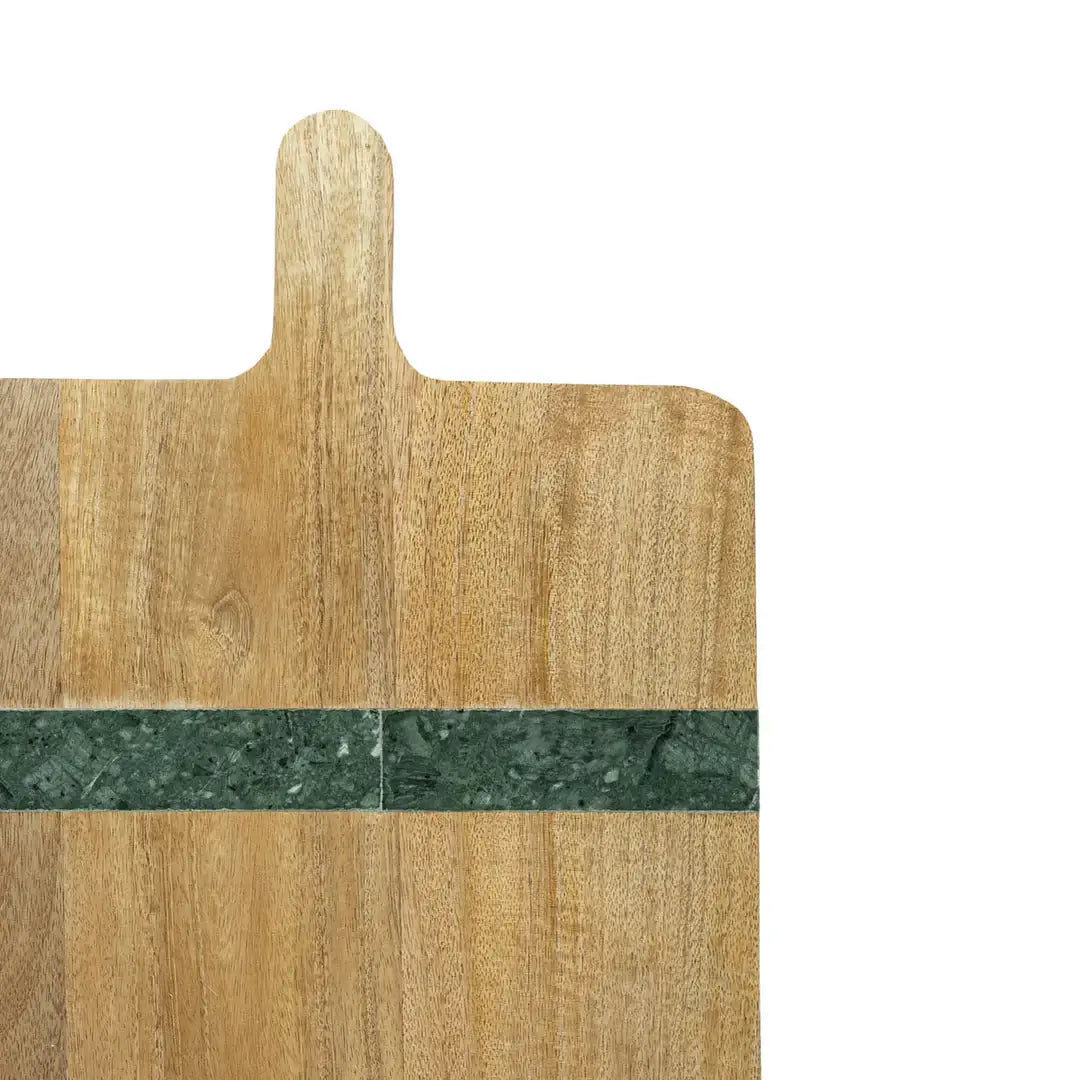 Cillian serving board crafted from sustainable mango wood with a genuine Spider Green marble inlay.