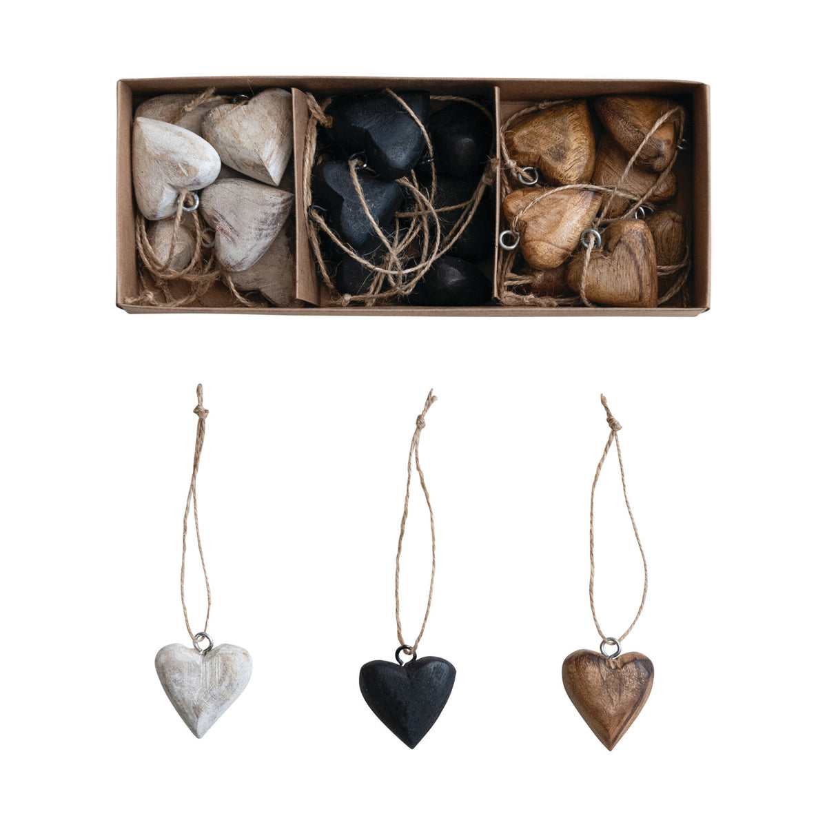 Set of 24 petite mango wood heart ornaments in natural, black, and whitewashed finishes with jute hangers.