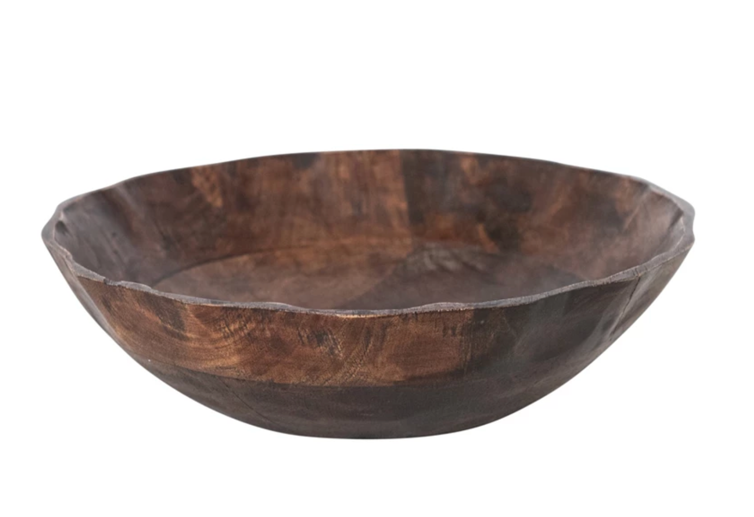 Mango wood scalloped bowl with a rich walnut finish and artisan-crafted silhouette.