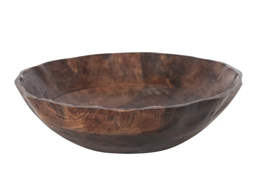 Mango wood scalloped bowl with a rich walnut finish and artisan-crafted silhouette.