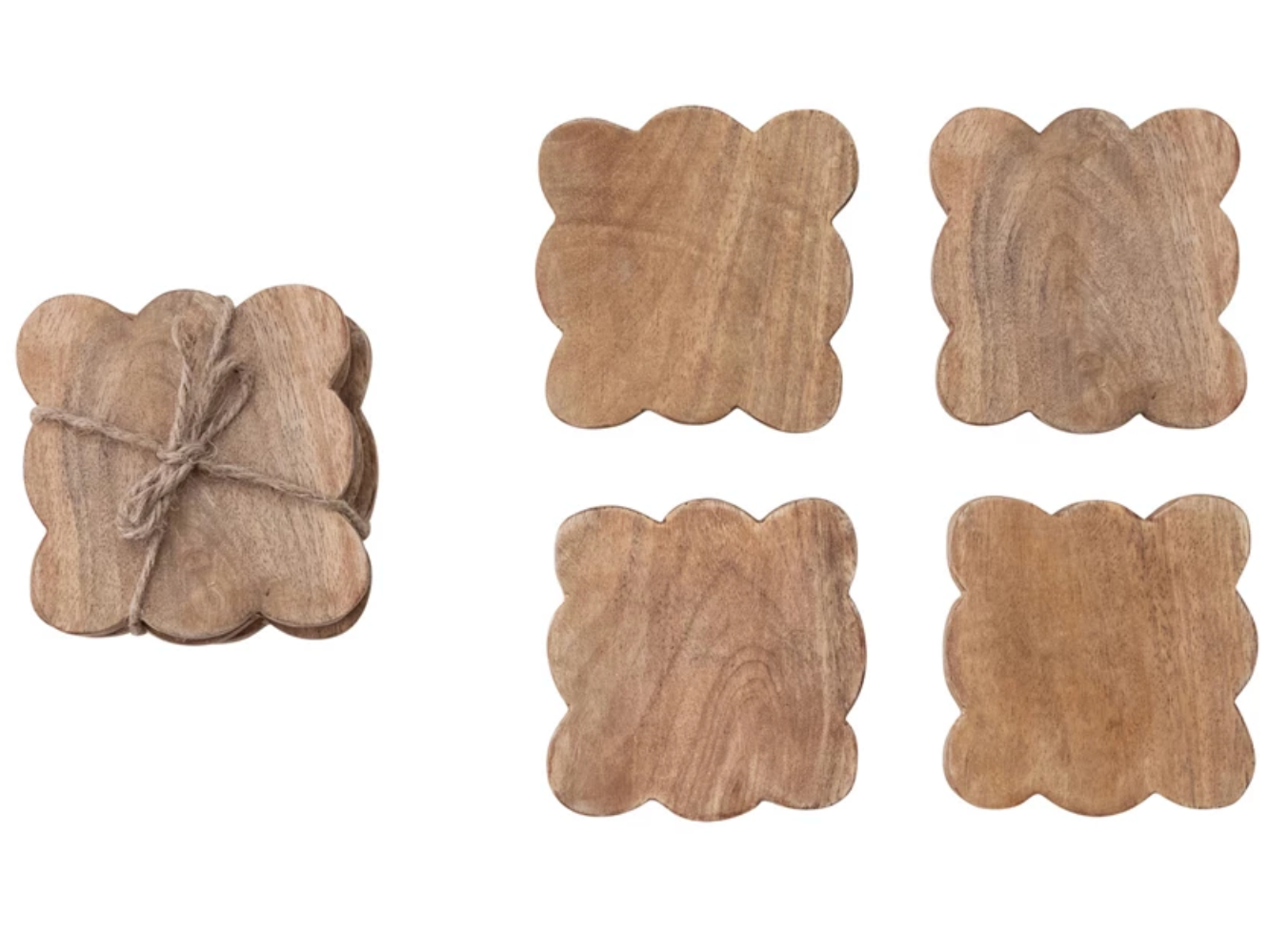 Set of four mango wood coasters featuring decorative scalloped edges and natural wood grain.
