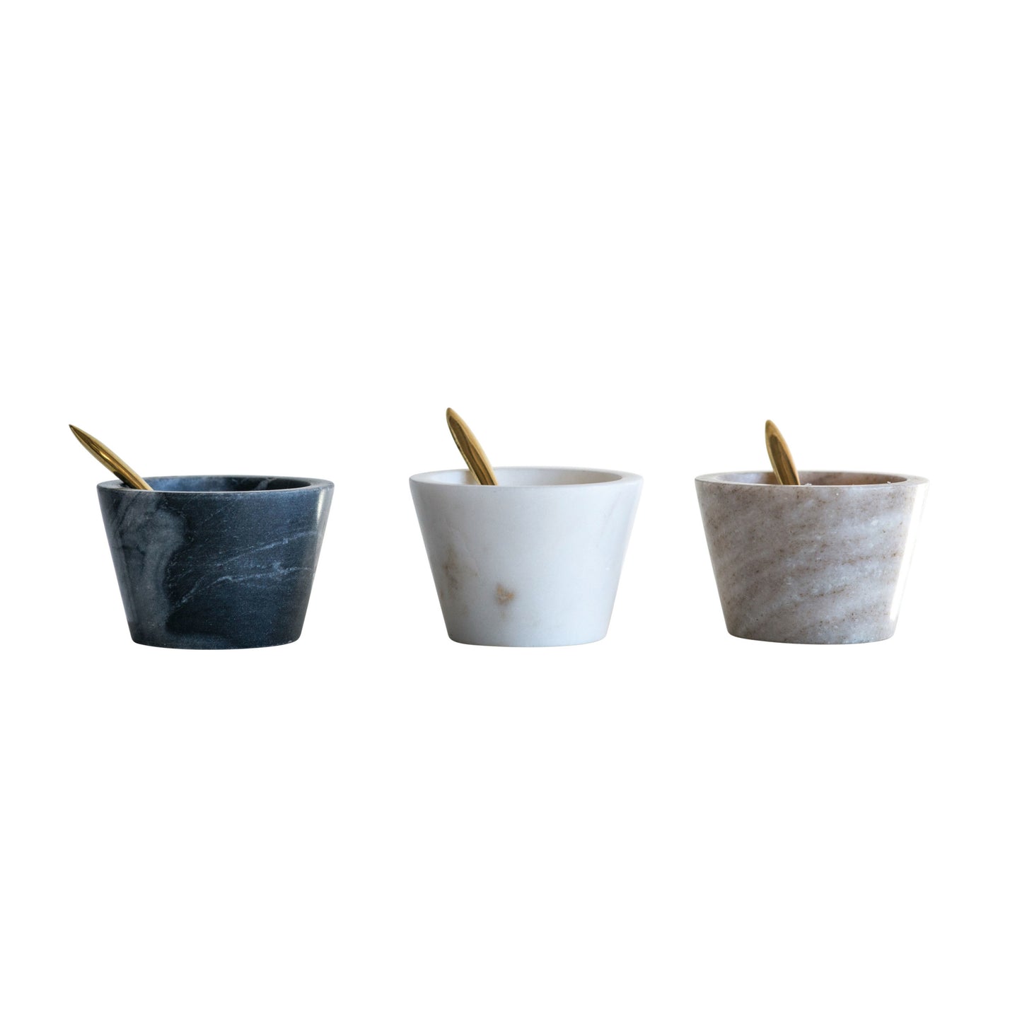 Three marble-textured bowls in different colors on a white background