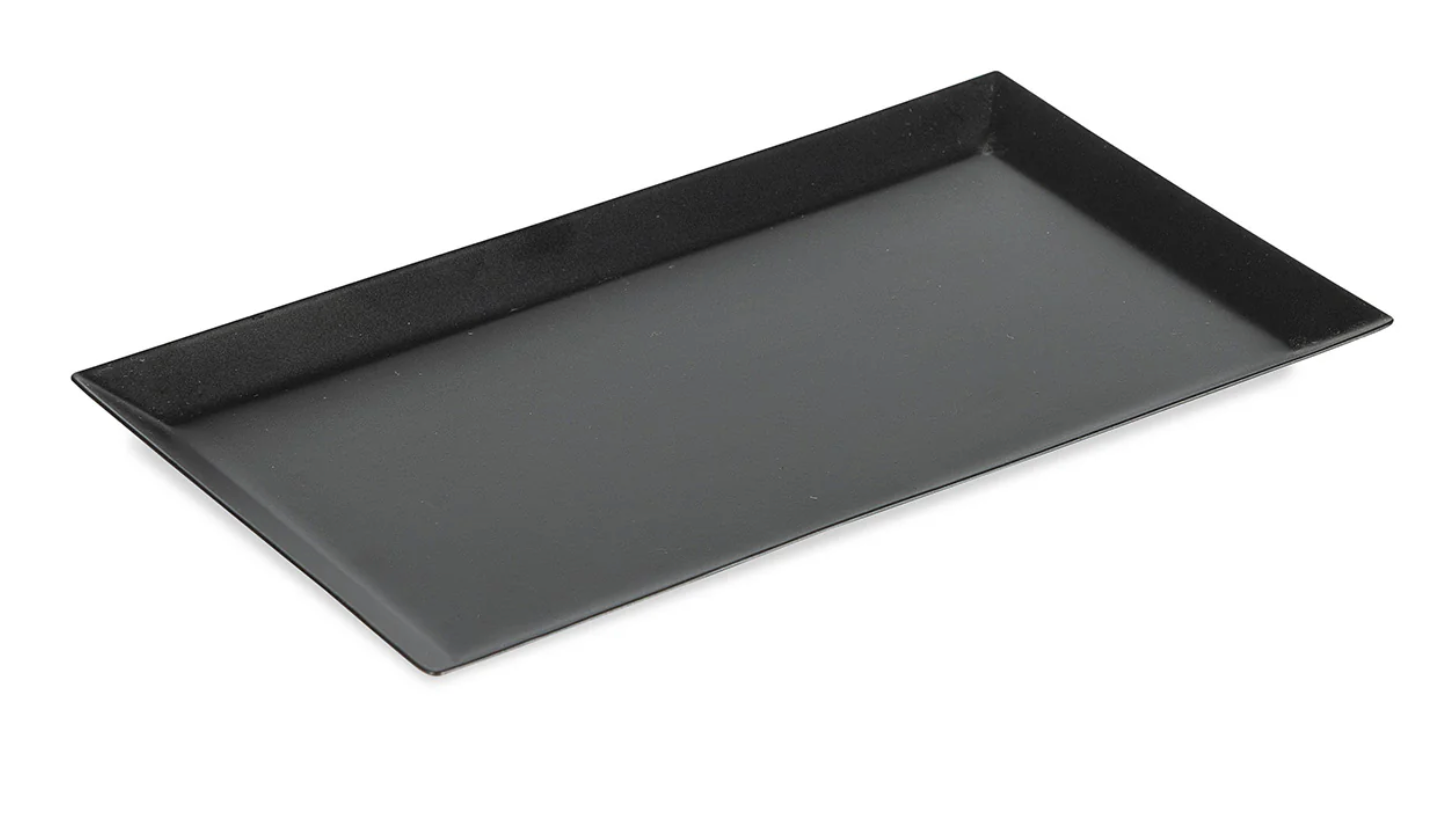 Rectangular decorative tray with a smooth matte black metal finish.
