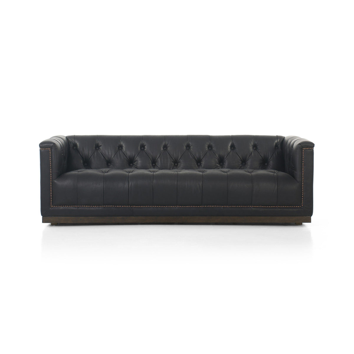 Front view of the Maxx Leather Sofa in distressed Heirloom Black top-grain leather.