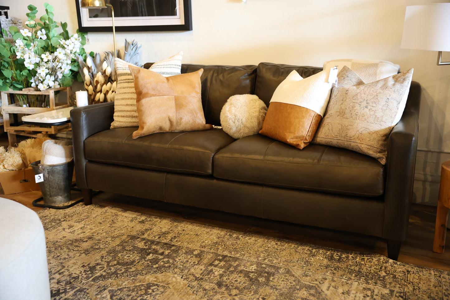 Melville leather sofa upholstered in Kempton Plantation premium aniline leather.