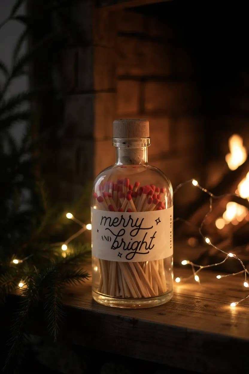 Front view of Merry & Bright apothecary match jar featuring a nostalgic Christmas label.