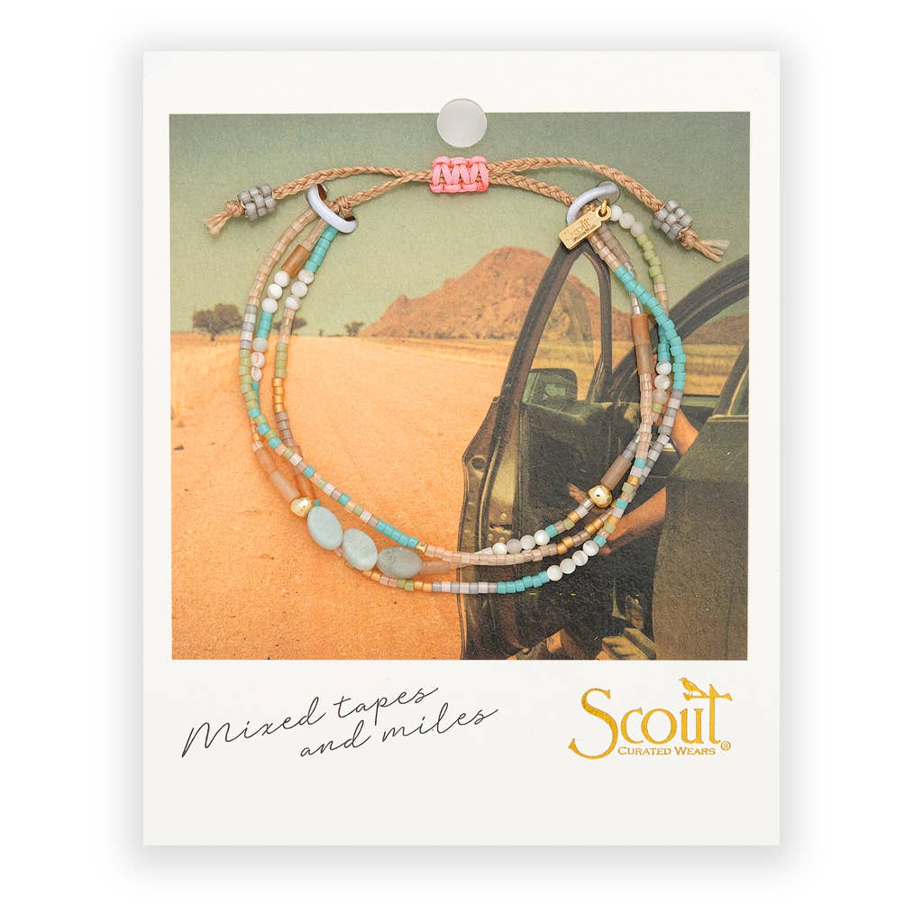 Mixed Media Bracelet featuring genuine Amazonite gemstones, Japanese Miyuki Delica beads, and gold-tone accents with an adjustable pull-tie closure.