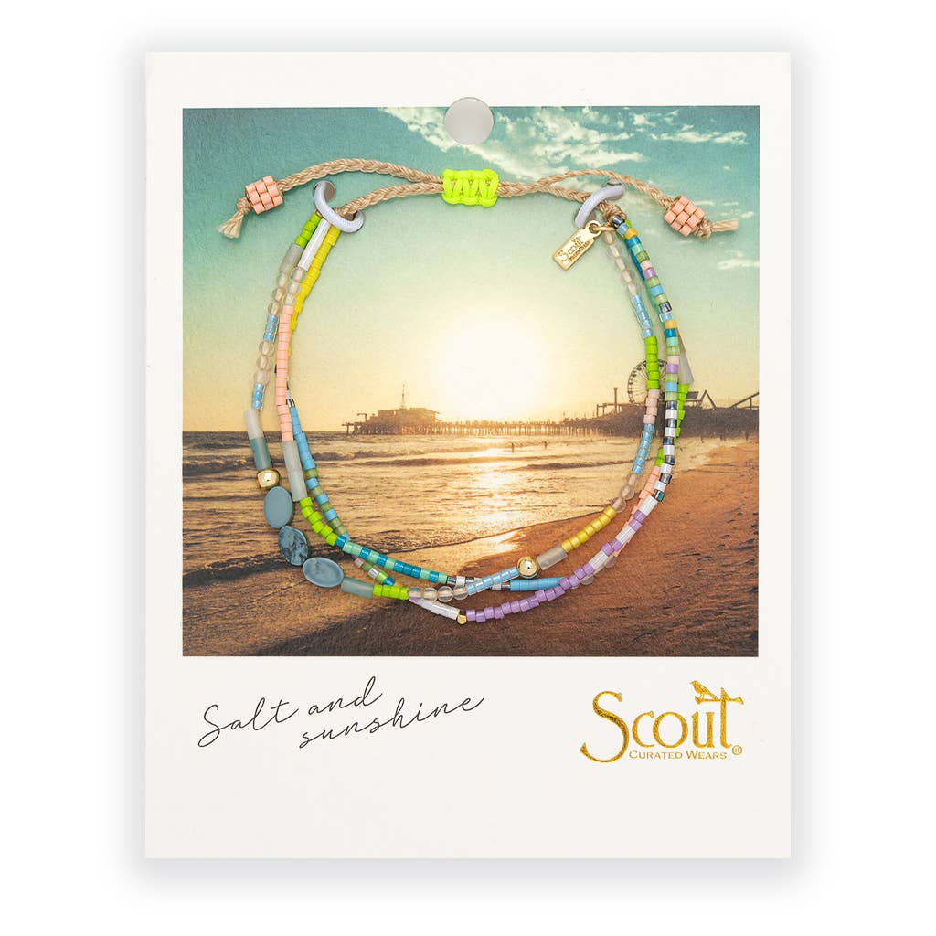 Mixed Media Bracelet featuring genuine Blue Howlite gemstones, Japanese Miyuki Delica beads, and gold-tone accents with an adjustable pull-tie closure.